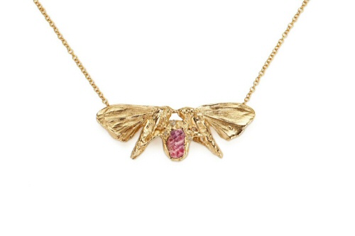 18ct Gold  Moth Necklace with Uncut Ruby and Diamonds