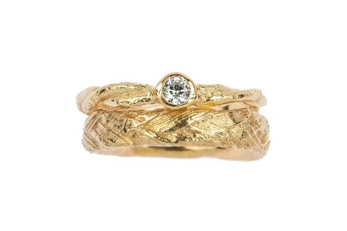 18ct Gold Twisted Twig Engagement Ring with Plaited Grass Wedding Band