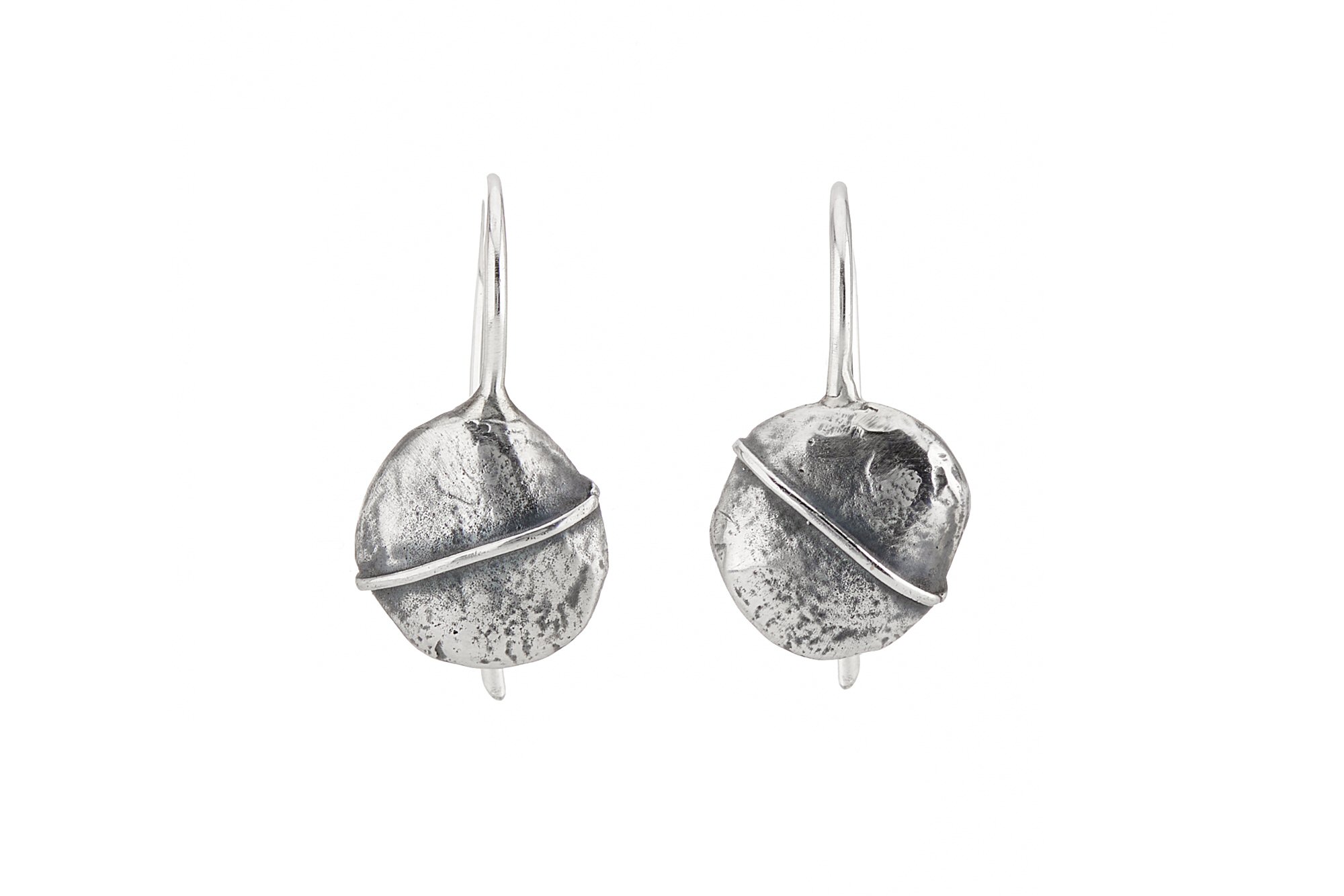 Striped Silver Pebble Hook Earrings