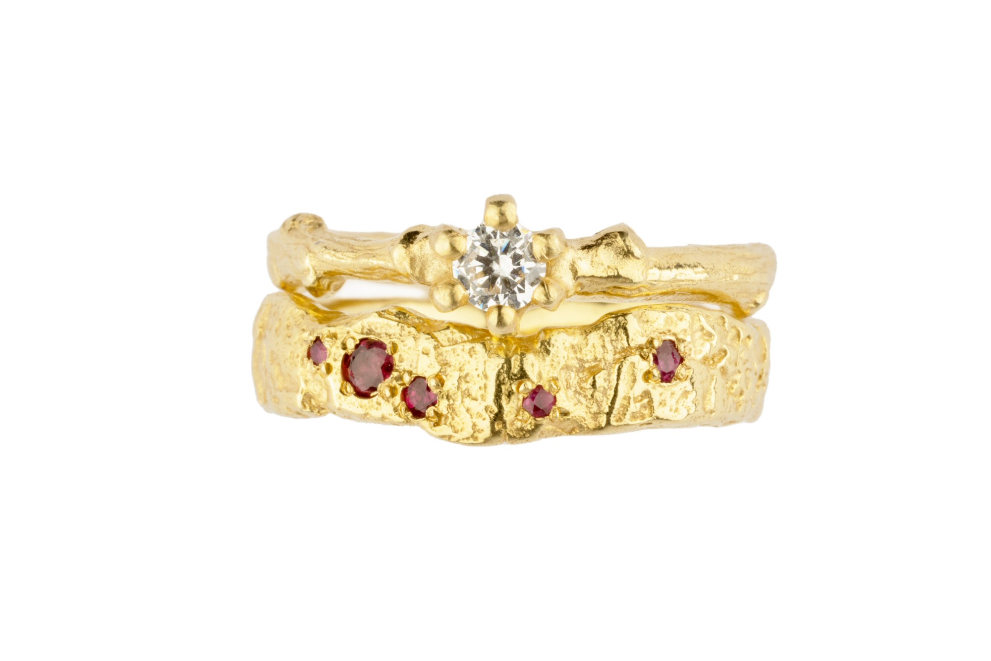 18ct Gold Ruby Bark Band with Diamond Set Twig Ring