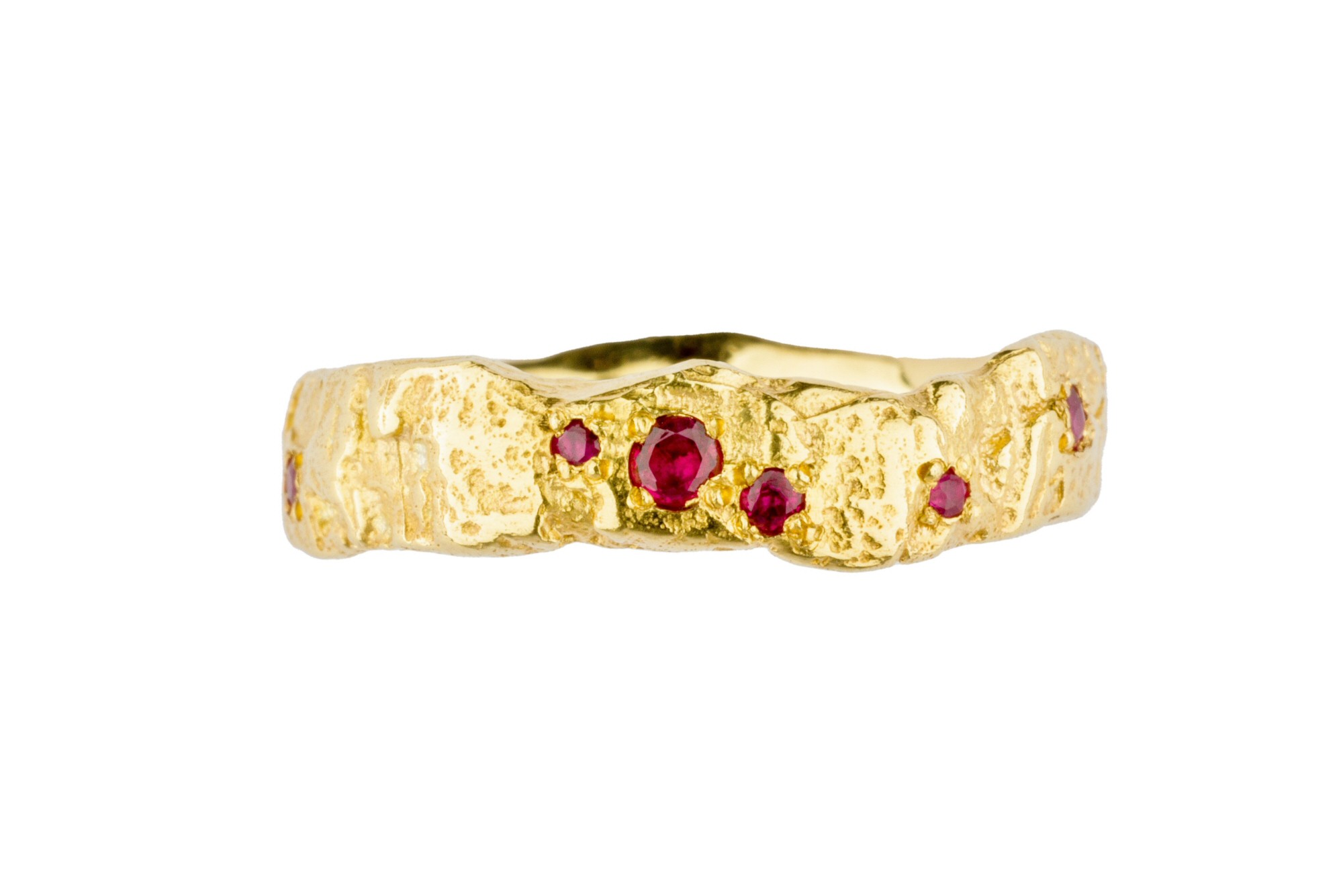 18ct Gold Slim  Bark Textured Band with Rubies