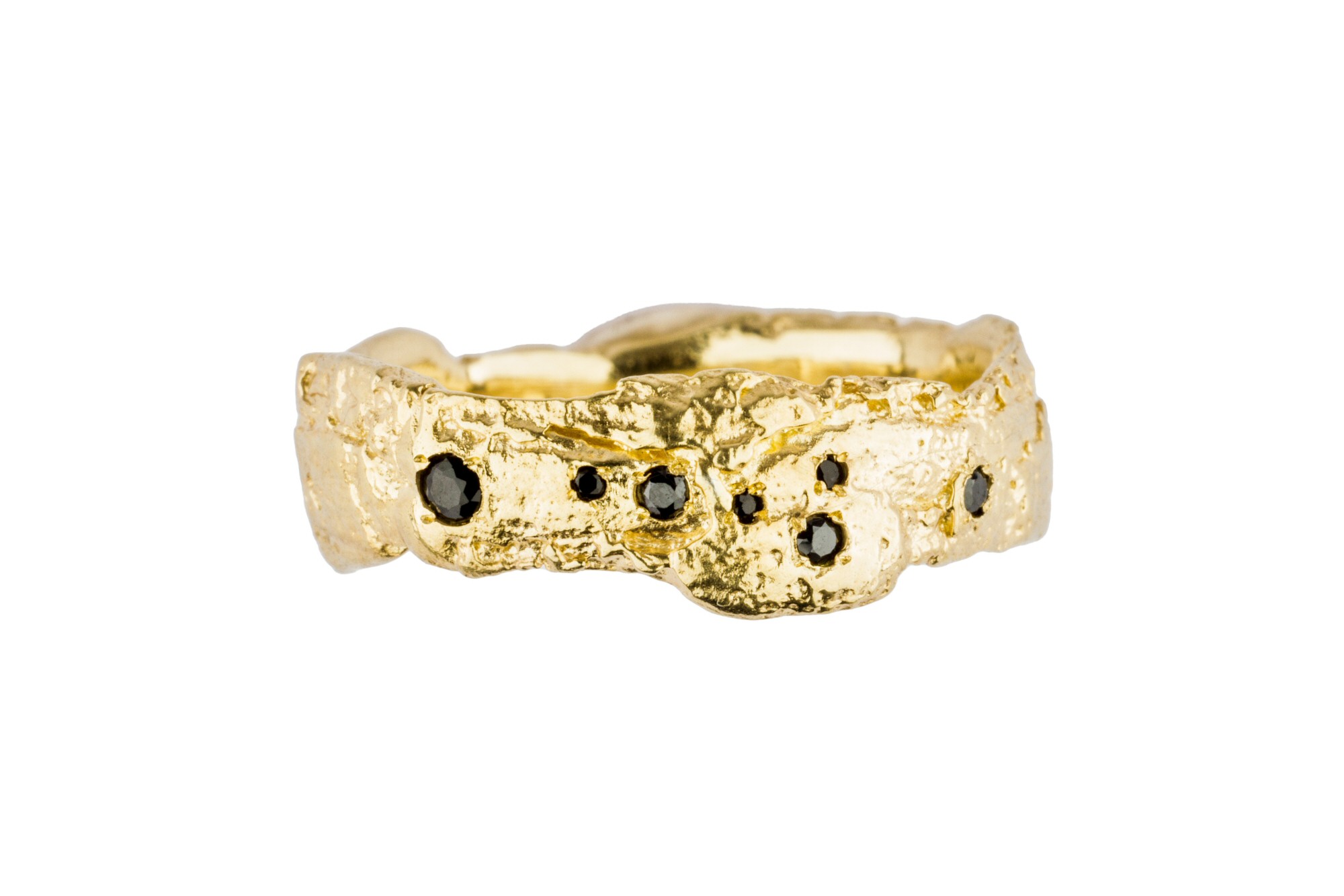 18ct Gold Wide Bark Textured  Ring with Black Diamonds