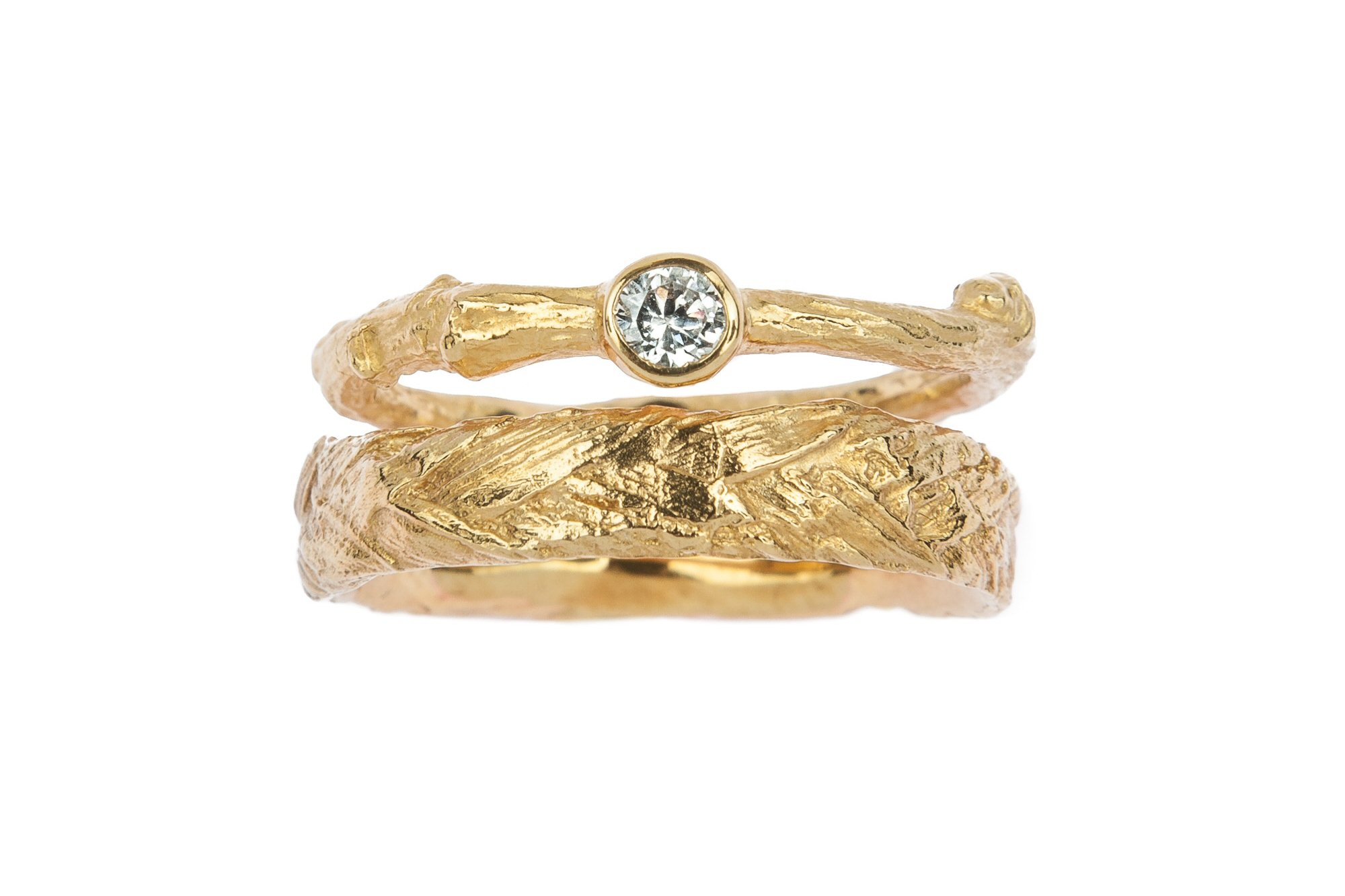 18ct Gold Diamond Set Twig Engagement Ring with Plaited Meadow Grass Band