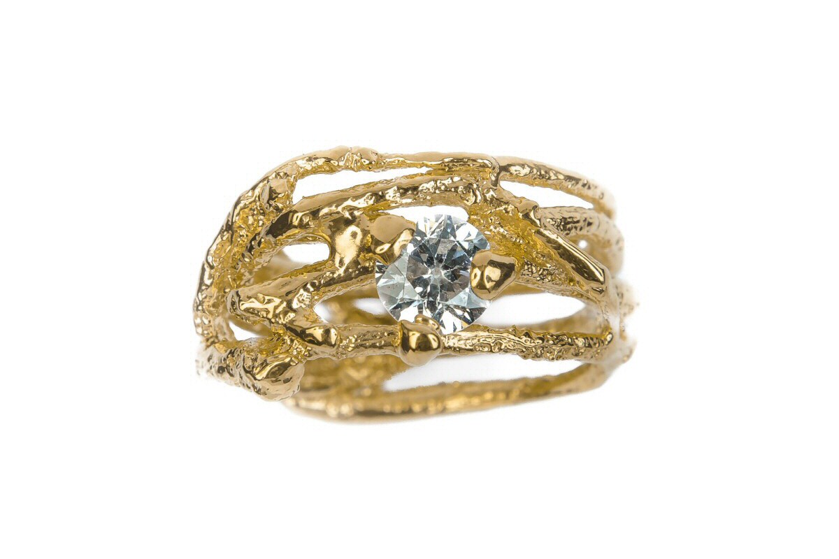 18ct Gold Twig Ring with Organically Set Diamond