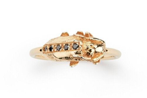 Longhorn beetle ring set with black diamonds