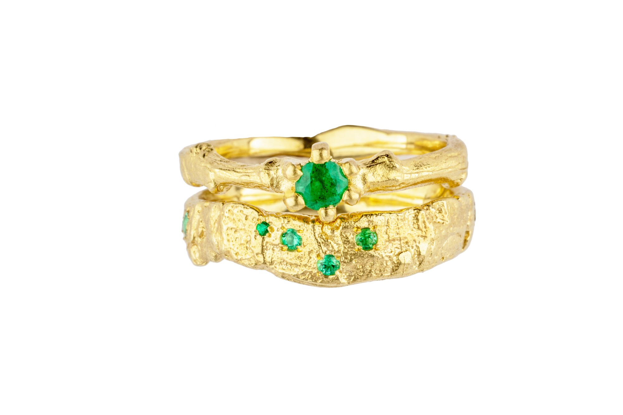 18ct Gold Twig and Bark Emerald Engagement and Wedding Set