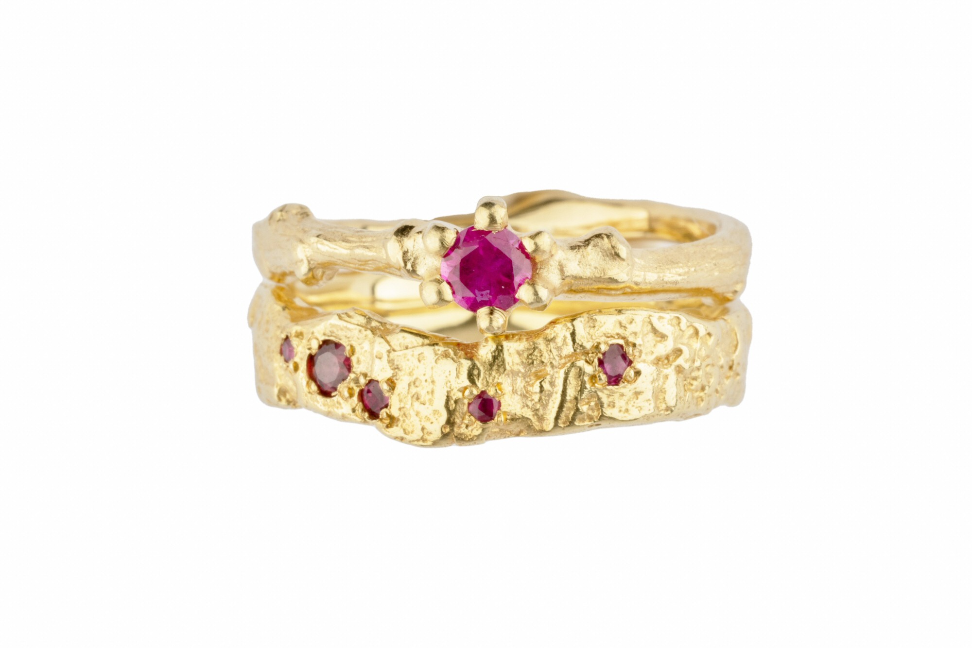 18ct Gold Twig and Bark Ruby Engagement and Wedding Set