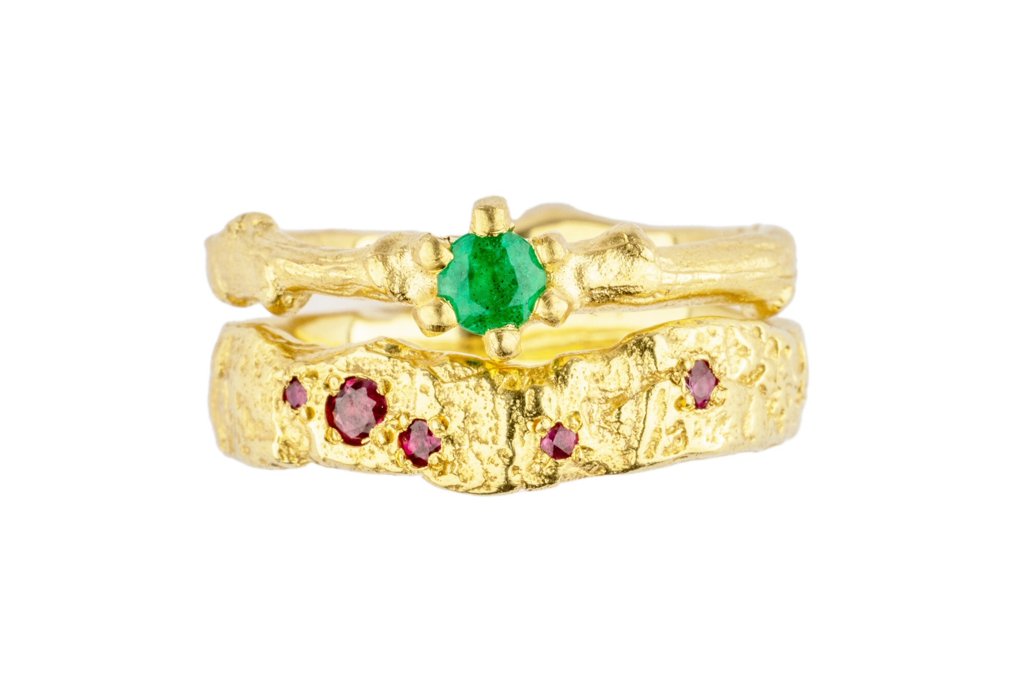 18ct Gold Ruby Set Bark Band with Emerald Set Twig Ring